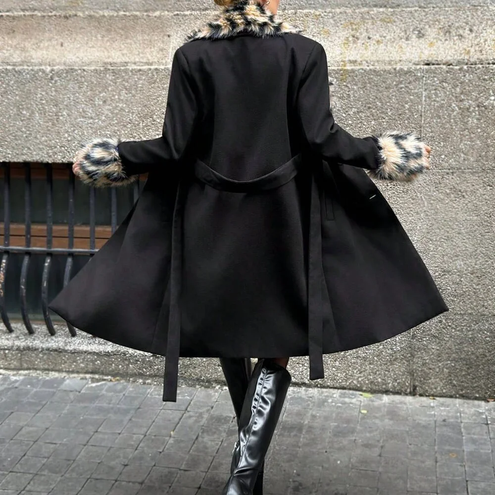 Black Elegant Women's Leopard Print Fur Overcoat